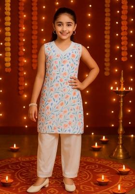 Blue Orange Printed Cotton Kurta Set For Girls