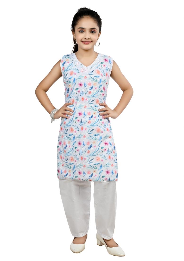 Blue Orange Printed Cotton Kurta Set For Girls - Indya