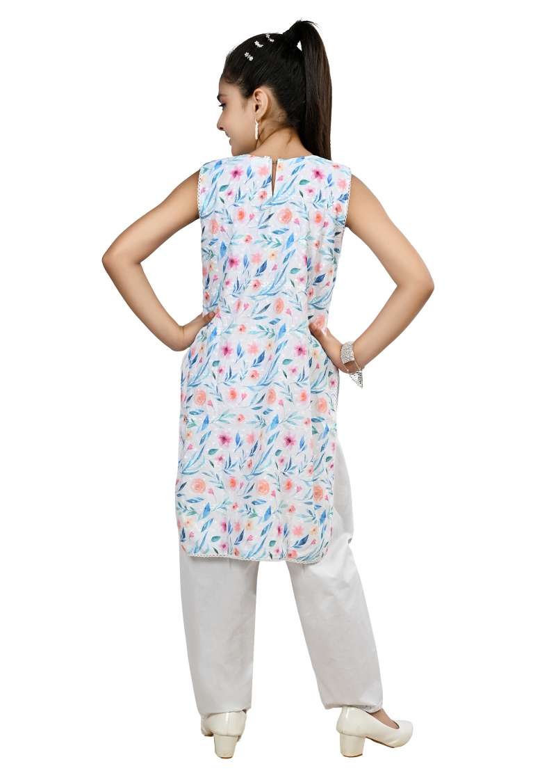 Blue Orange Printed Cotton Kurta Set For Girls - Indya