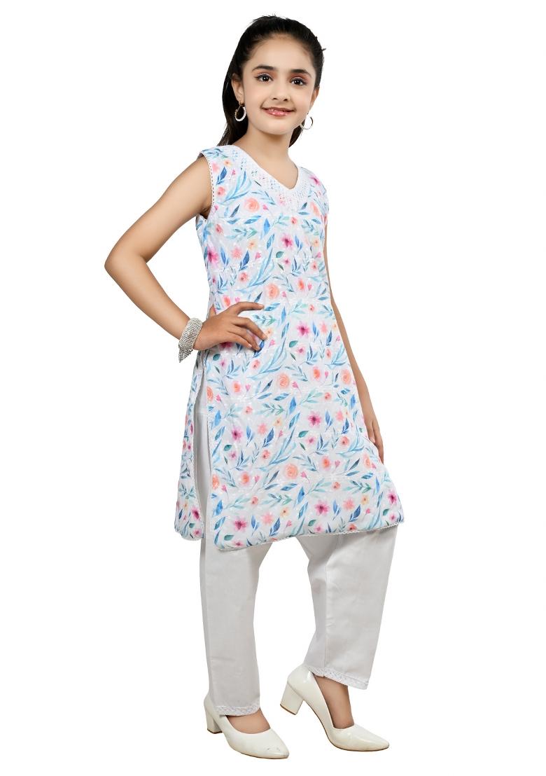 Blue Orange Printed Cotton Kurta Set For Girls - Indya