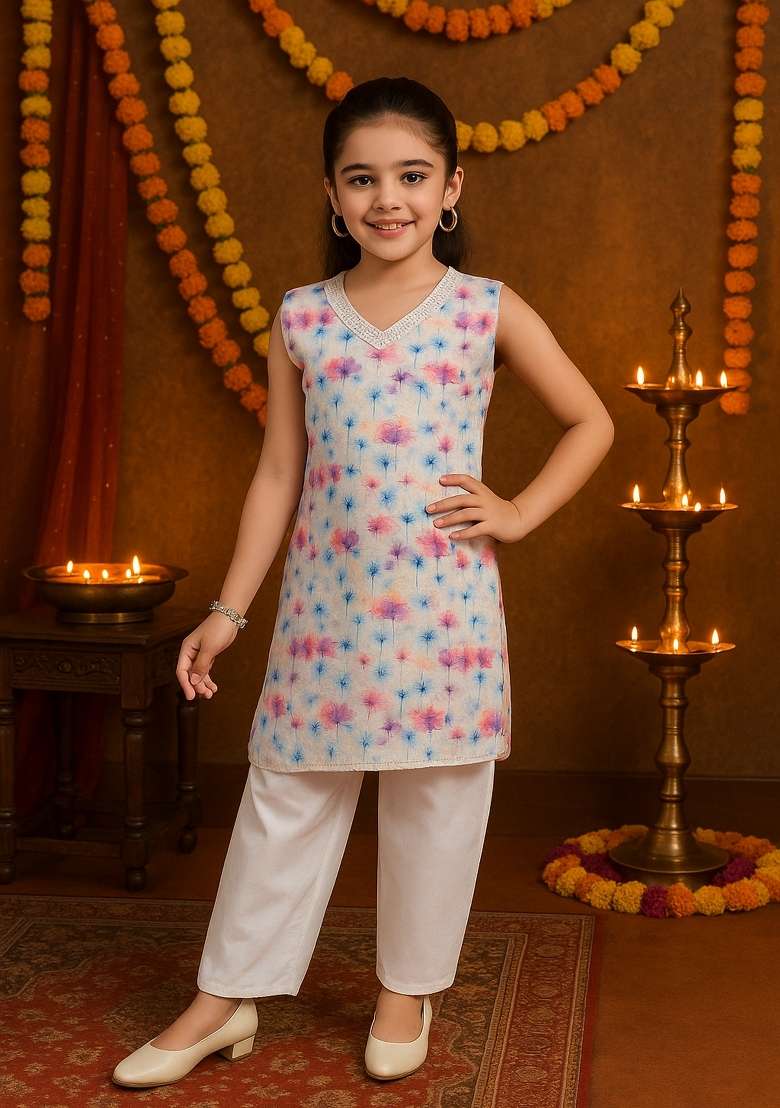 Blue Pink Printed Cotton Kurta Set For Girls - Indya