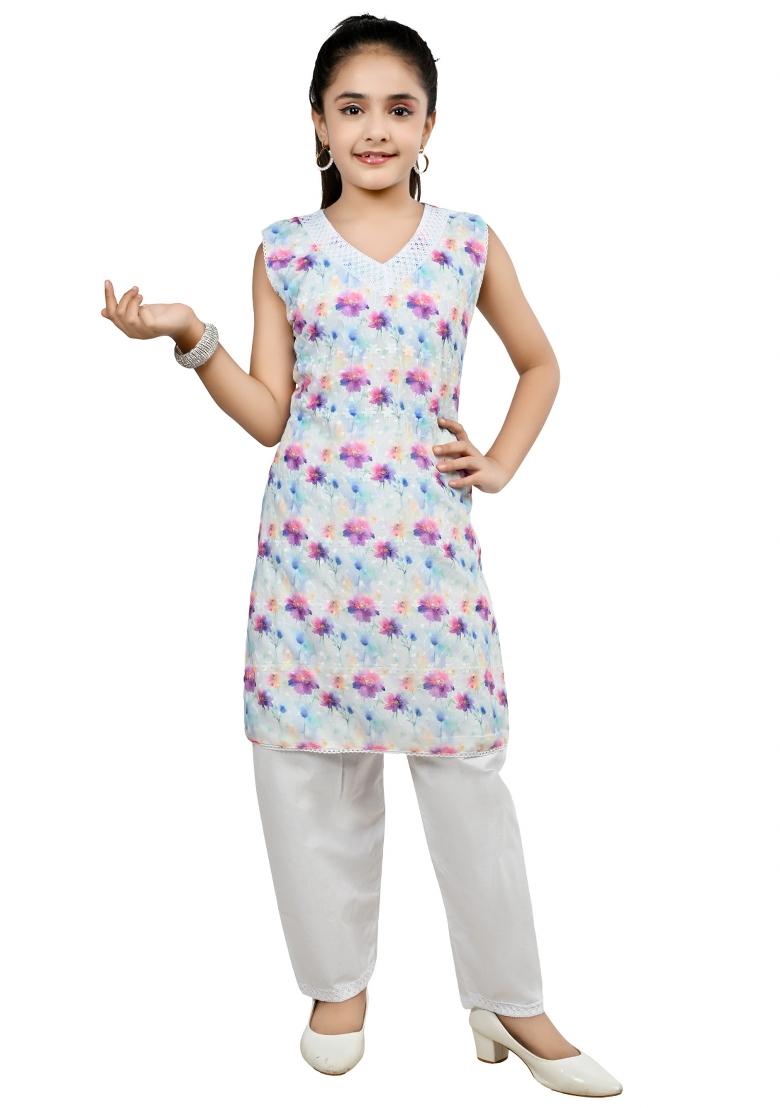 Blue Pink Printed Cotton Kurta Set For Girls - Indya
