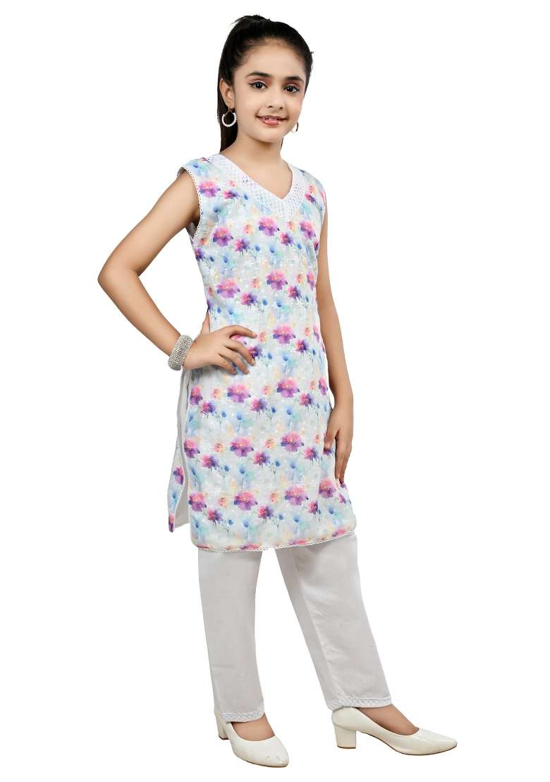 Blue Pink Printed Cotton Kurta Set For Girls - Indya