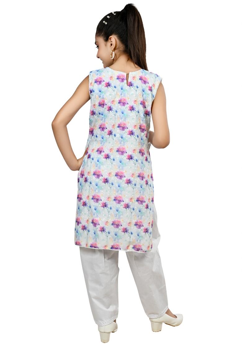 Blue Pink Printed Cotton Kurta Set For Girls - Indya