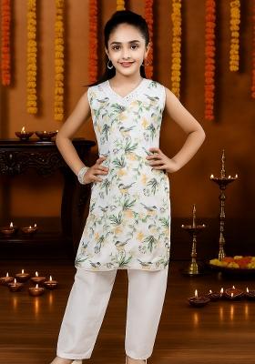 Green Printed Cotton Kurta Set For Girls