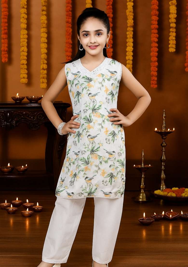 Green Printed Cotton Kurta Set For Girls - Indya