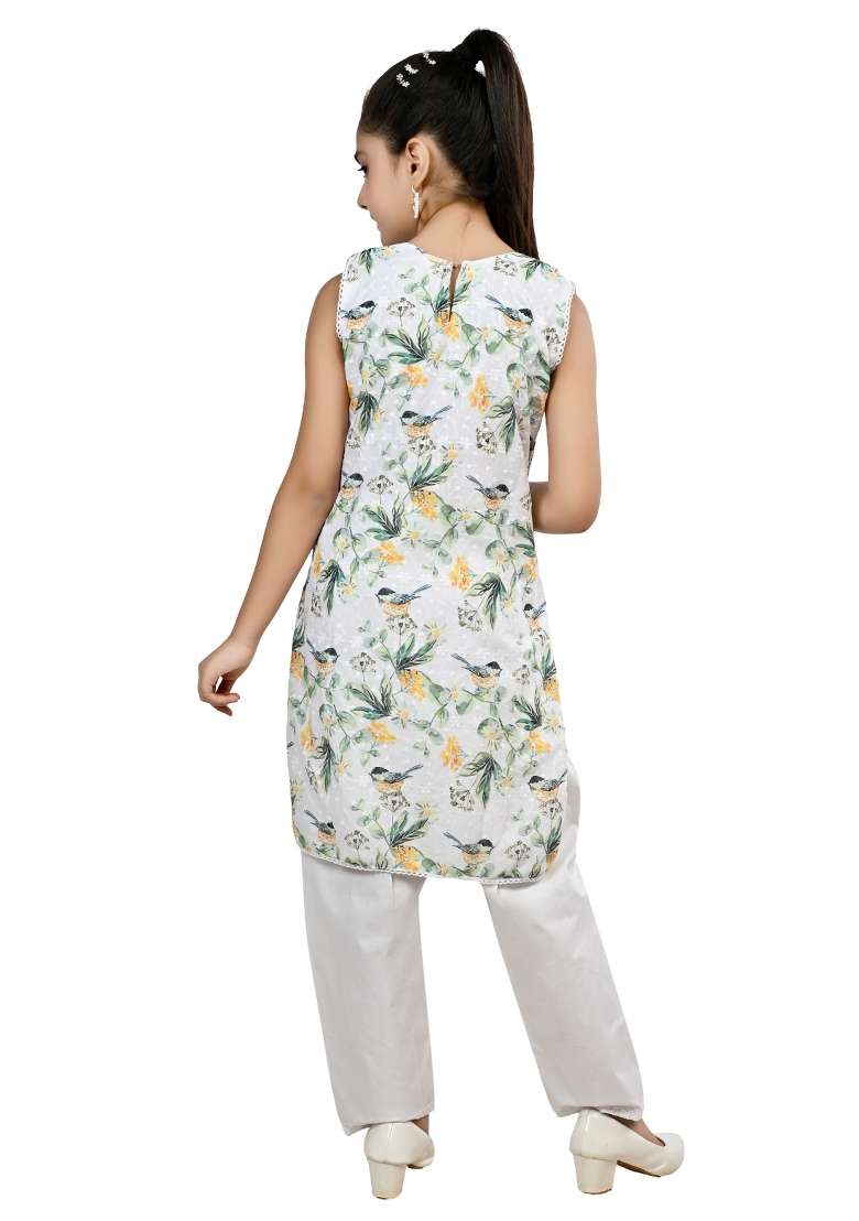 Green Printed Cotton Kurta Set For Girls - Indya
