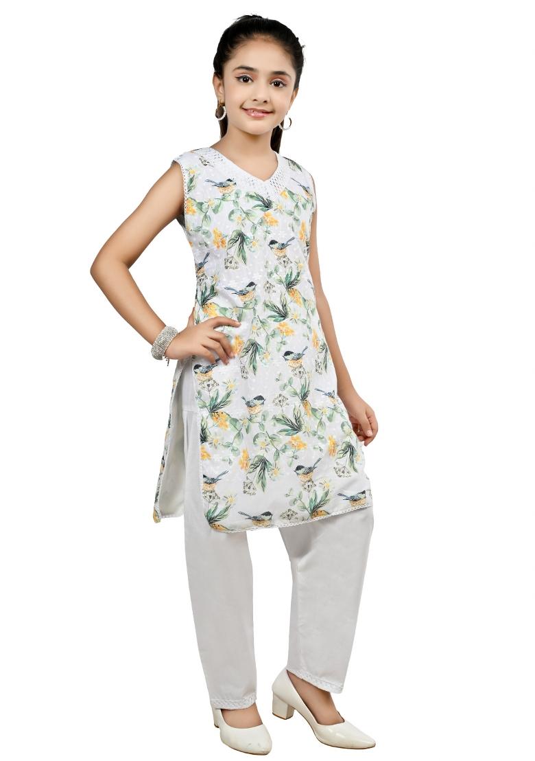 Green Printed Cotton Kurta Set For Girls - Indya