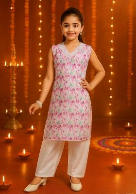 Pink Green Printed Cotton Kurta Set For Girls