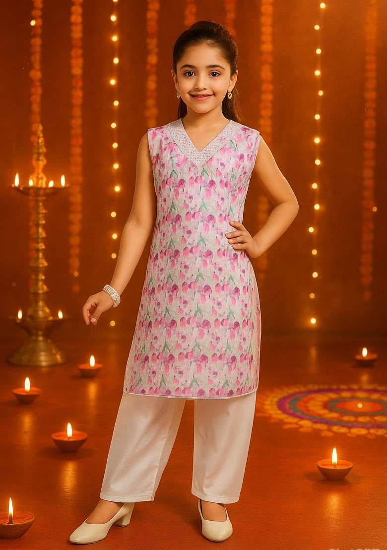 Pink Green Printed Cotton Kurta Set For Girls - Indya
