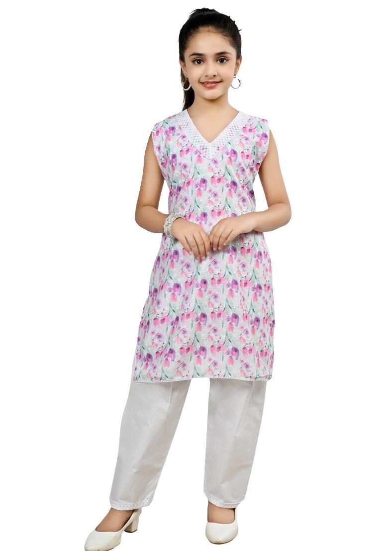 Pink Green Printed Cotton Kurta Set For Girls - Indya