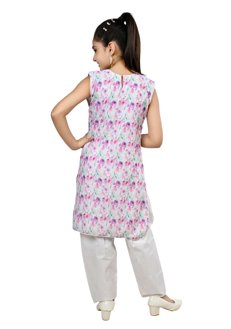 Pink Green Printed Cotton Kurta Set For Girls - Indya
