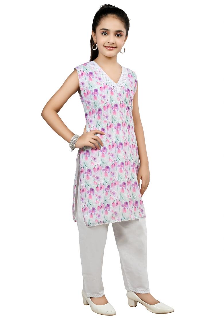 Pink Green Printed Cotton Kurta Set For Girls - Indya