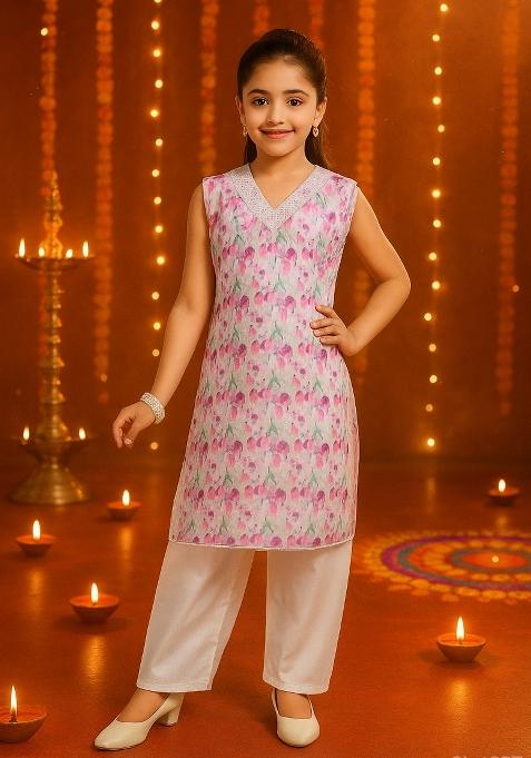 Pink Green Printed Cotton Kurta Set For Girls