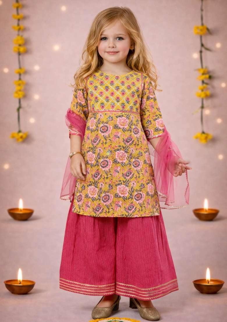 Yellow Printed Cotton Kurta Set For Girls - Indya
