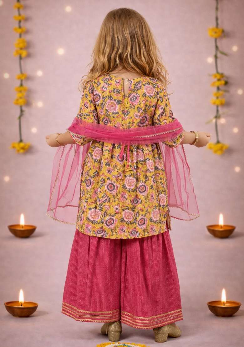 Yellow Printed Cotton Kurta Set For Girls - Indya