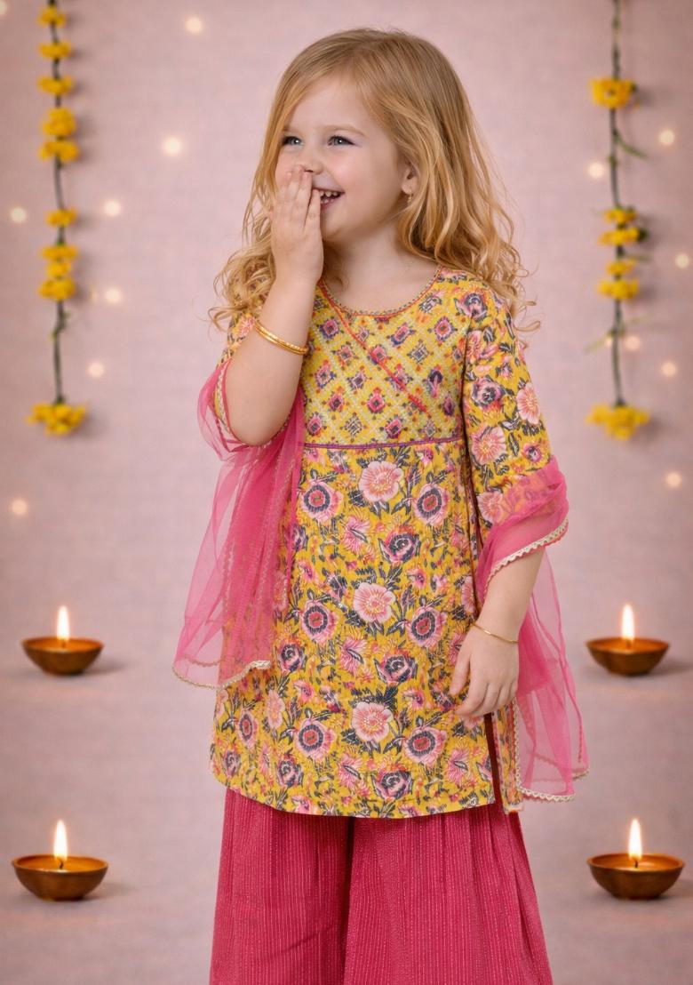 Yellow Printed Cotton Kurta Set For Girls - Indya
