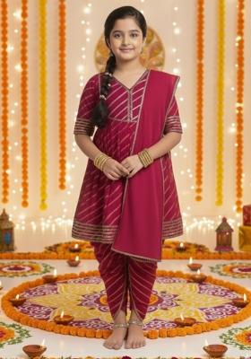 Magenta Printed Cotton Kurta Set For Girls