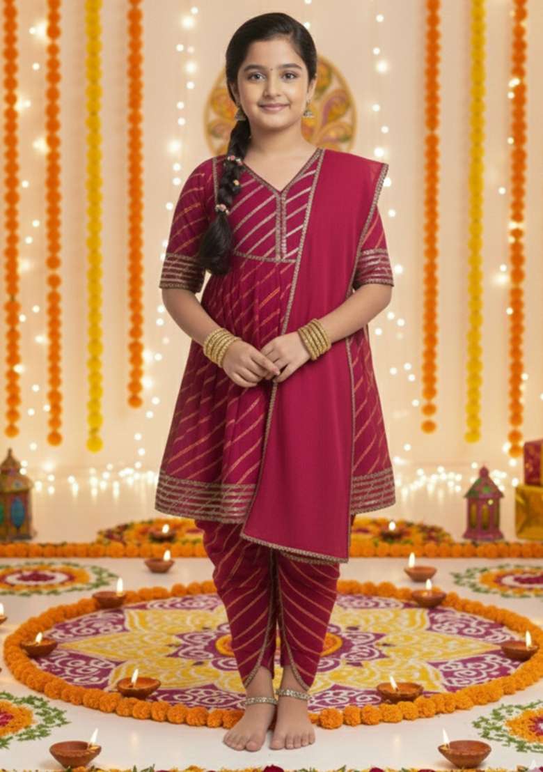 Magenta Printed Cotton Kurta Set For Girls - Indya