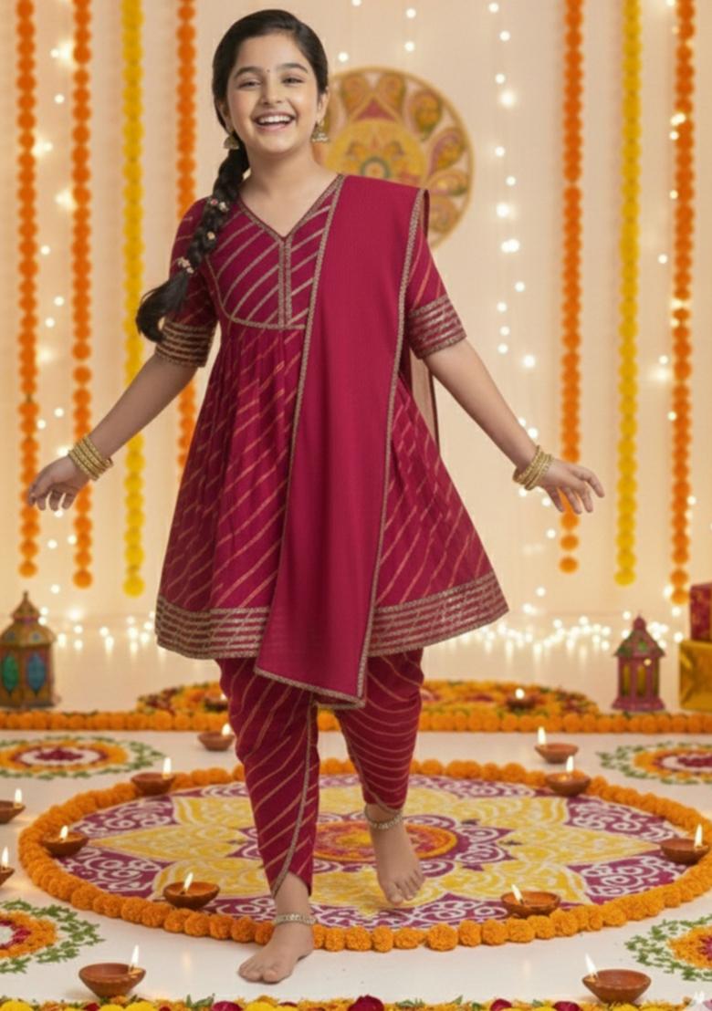 Magenta Printed Cotton Kurta Set For Girls - Indya