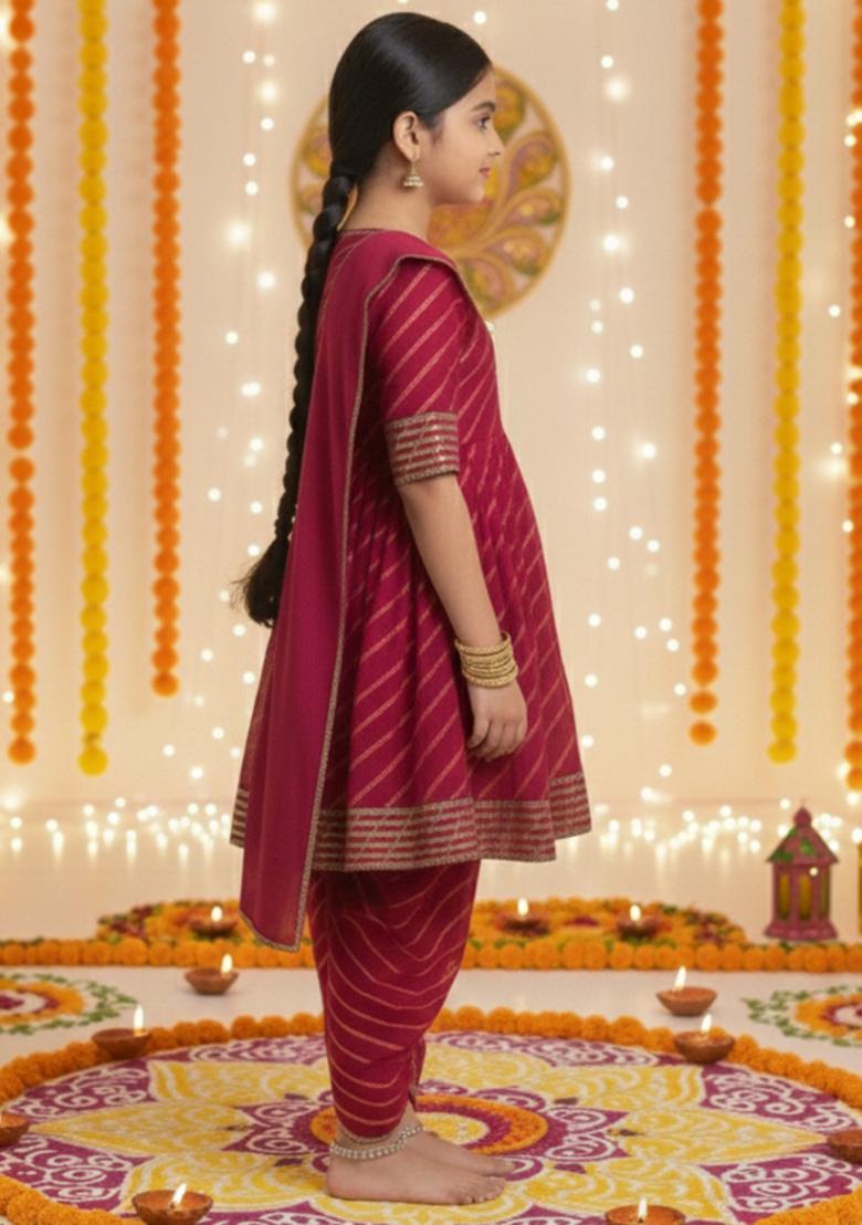Magenta Printed Cotton Kurta Set For Girls - Indya