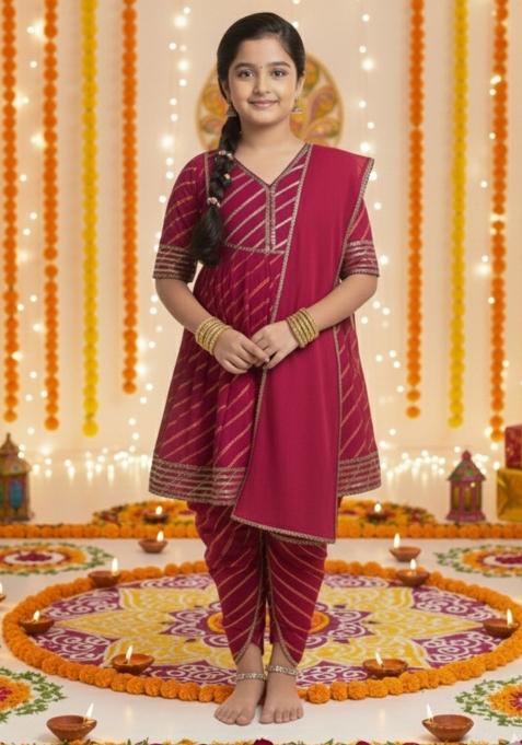 Magenta Printed Cotton Kurta Set For Girls