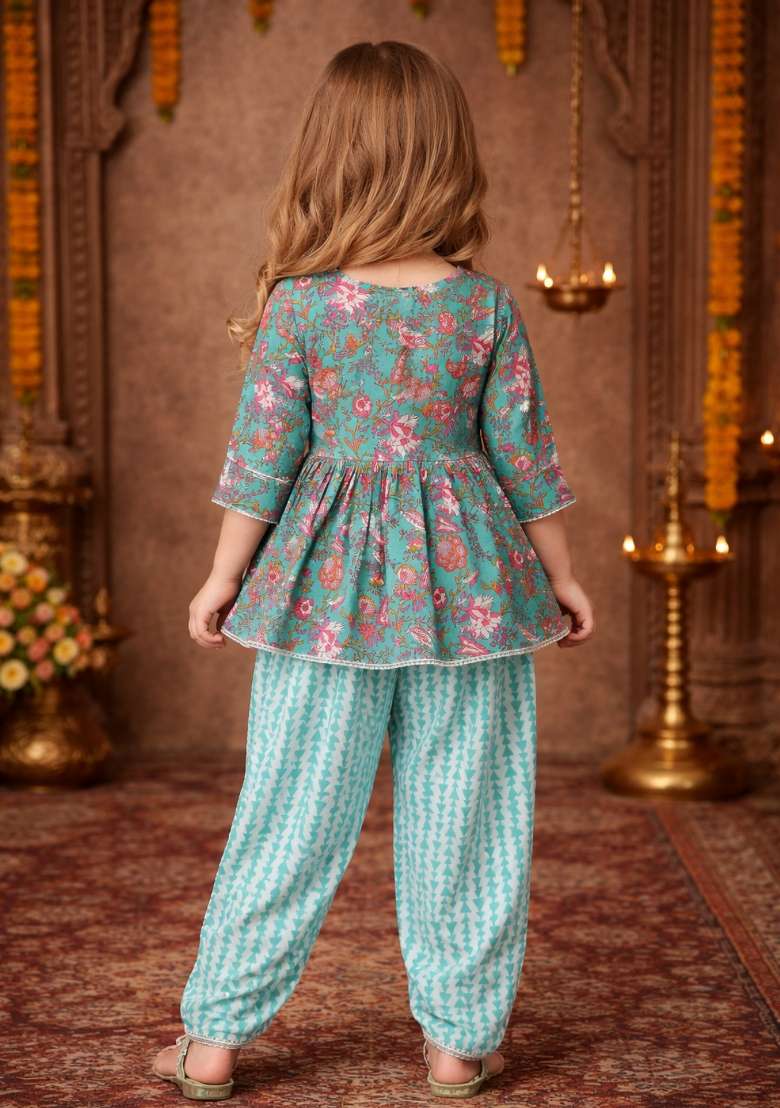 Blue Printed Cotton Kurta Set For Girls - Indya