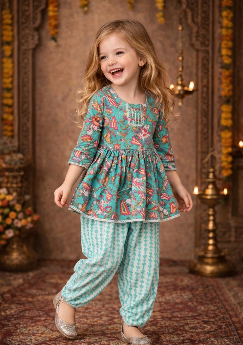 Blue Printed Cotton Kurta Set For Girls - Indya