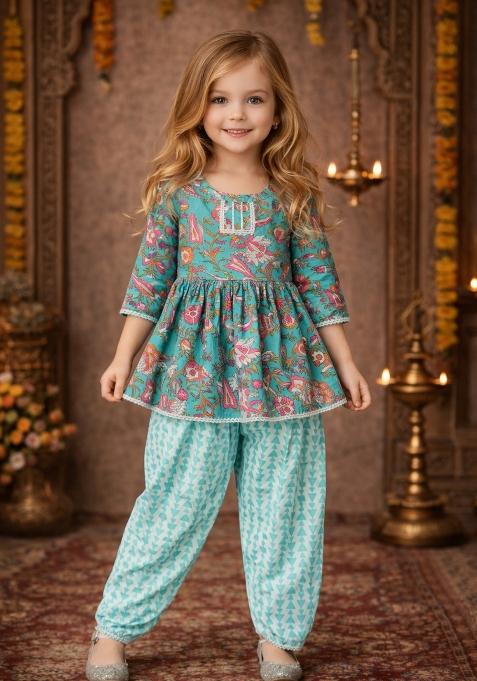 Blue Printed Cotton Kurta Set For Girls