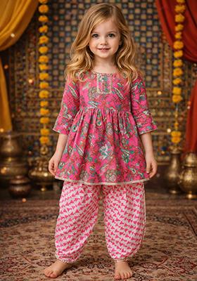 Pink Printed Cotton Kurta Set For Girls