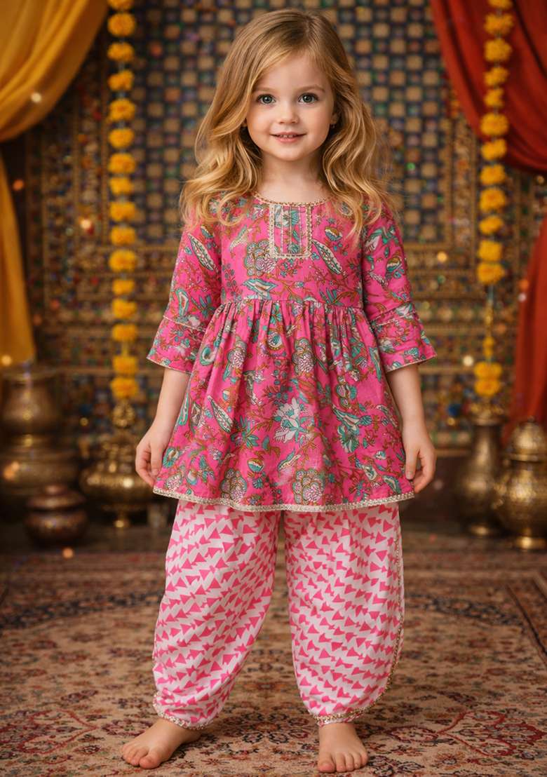 Pink Printed Cotton Kurta Set For Girls - Indya
