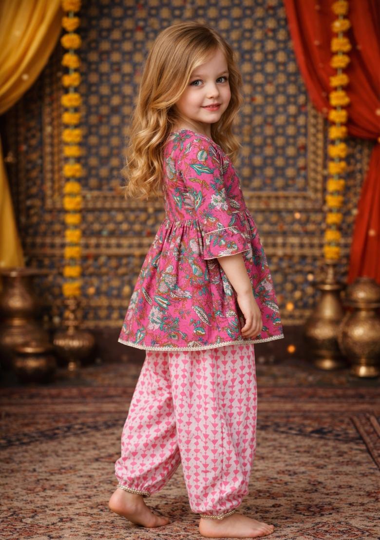 Pink Printed Cotton Kurta Set For Girls - Indya