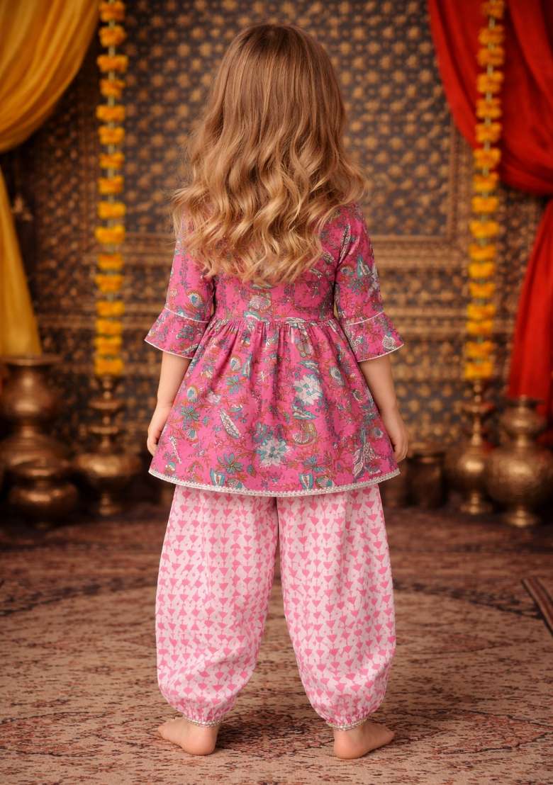 Pink Printed Cotton Kurta Set For Girls - Indya