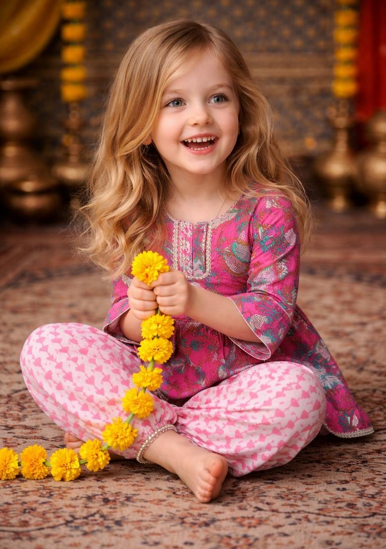 Pink Printed Cotton Kurta Set For Girls - Indya