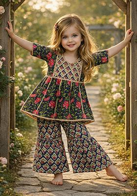 Blue Printed Cotton Kurta Set For Girls