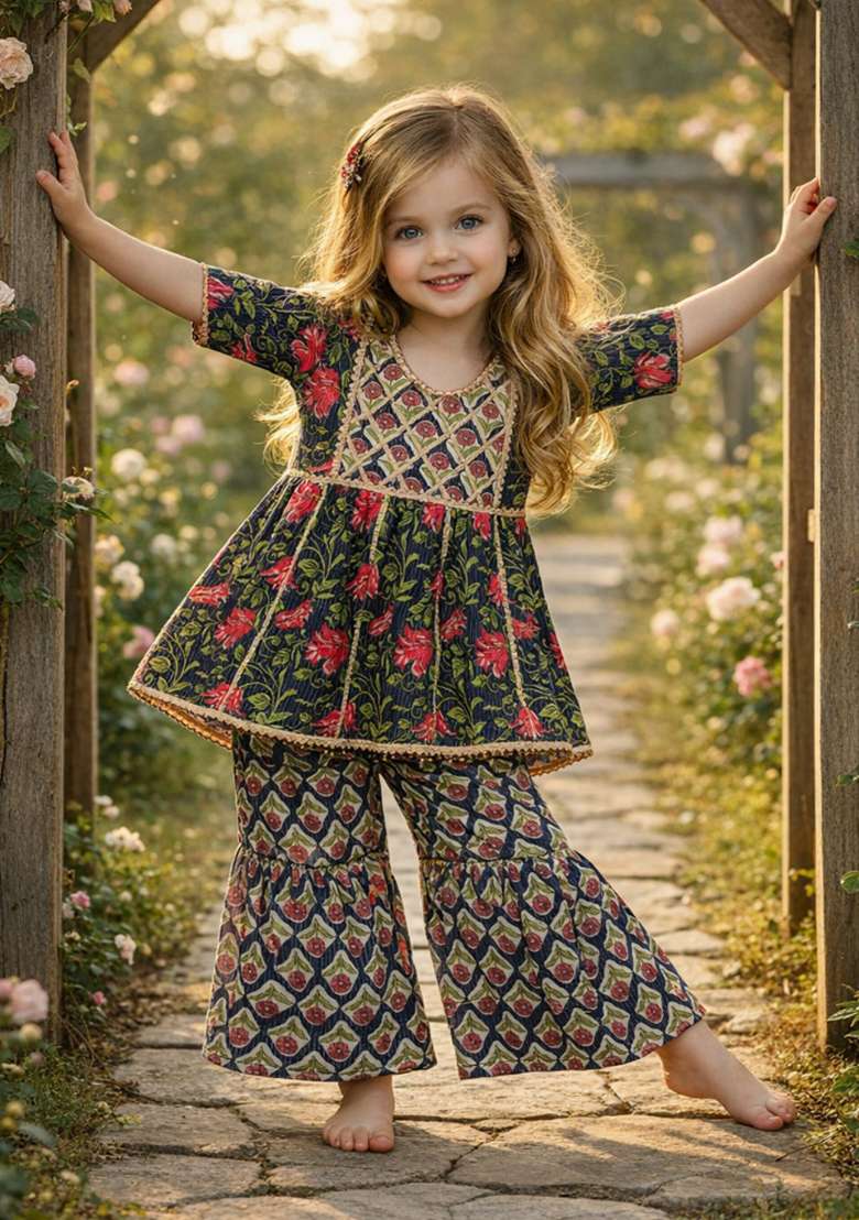 Blue Printed Cotton Kurta Set For Girls - Indya