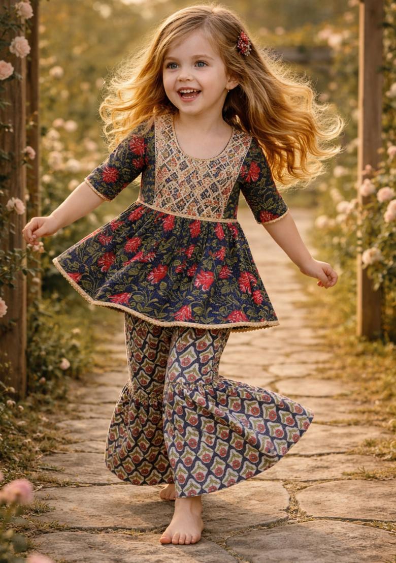 Blue Printed Cotton Kurta Set For Girls - Indya