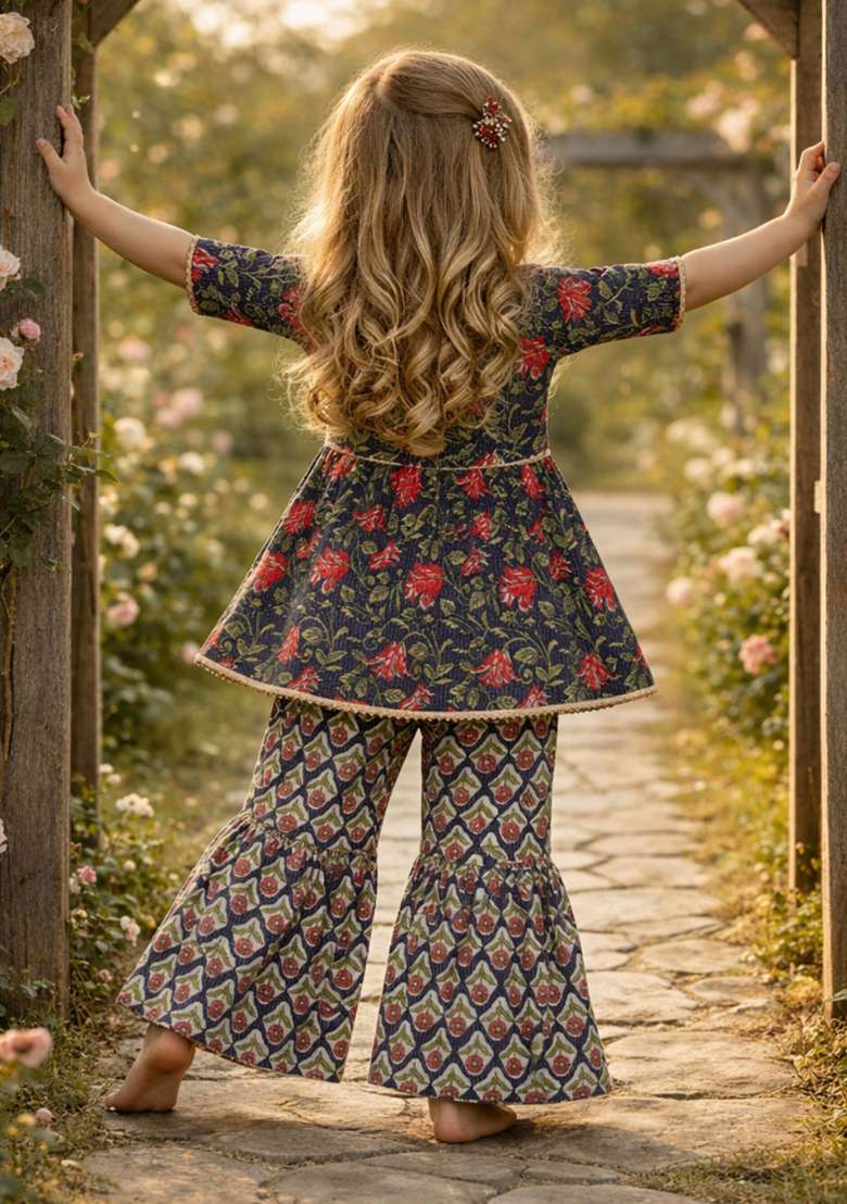 Blue Printed Cotton Kurta Set For Girls - Indya