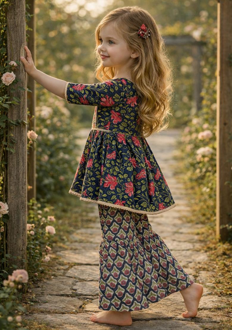 Blue Printed Cotton Kurta Set For Girls - Indya