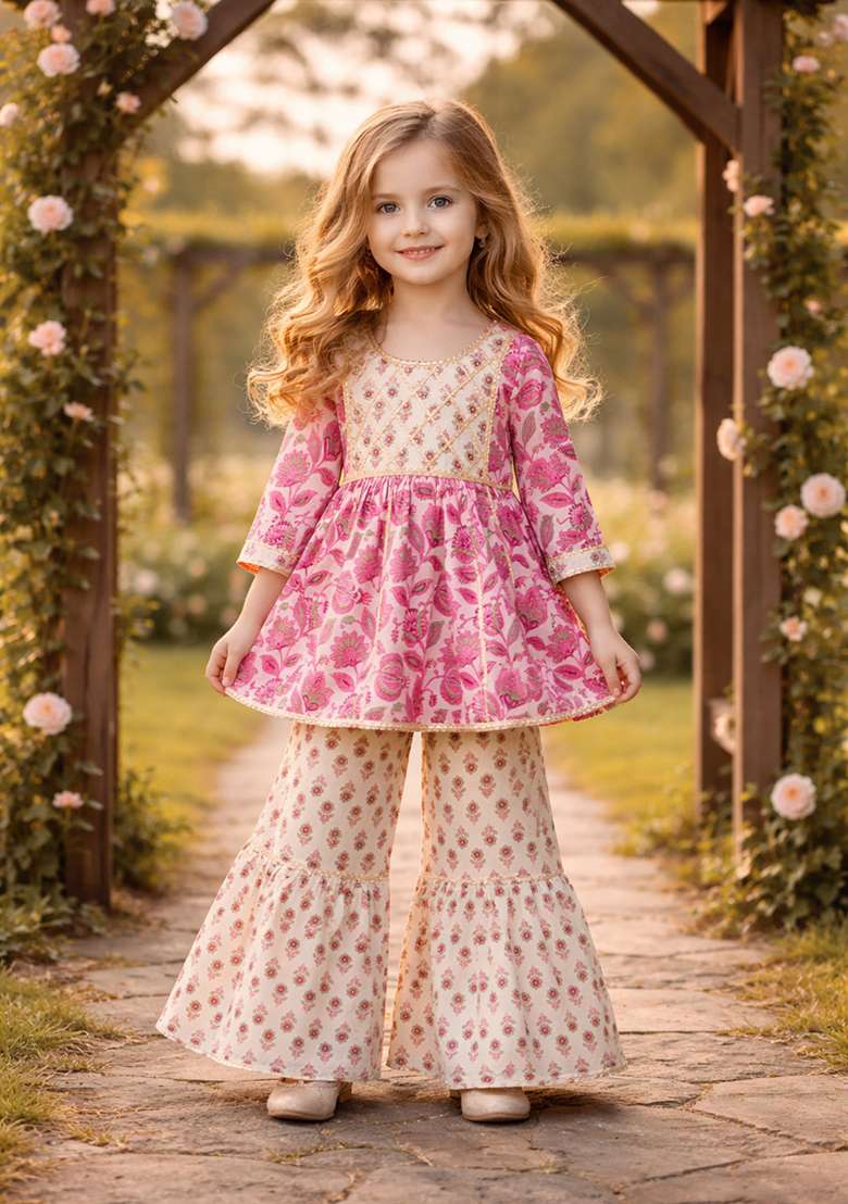Pink Printed Cotton Kurta Set For Girls - Indya