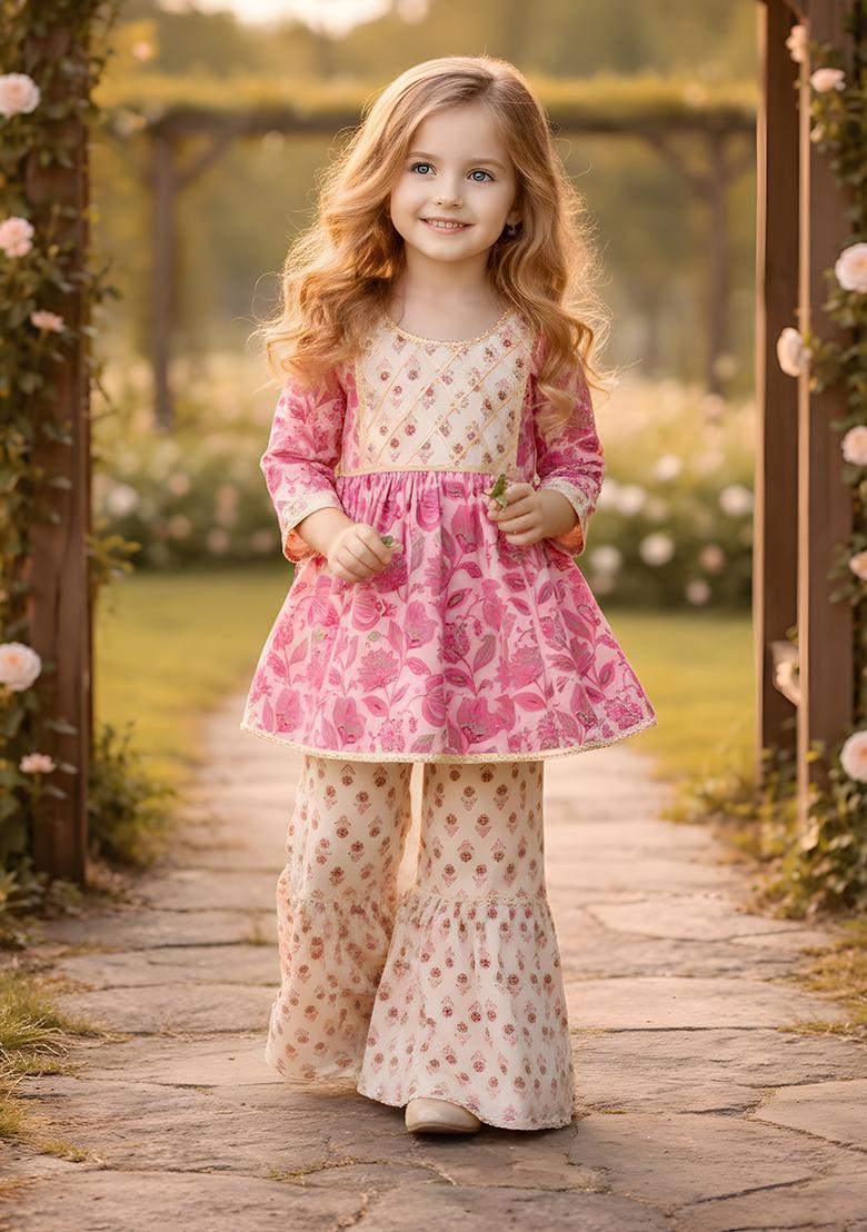 Pink Printed Cotton Kurta Set For Girls - Indya