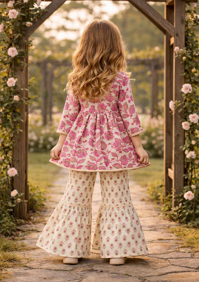 Pink Printed Cotton Kurta Set For Girls - Indya