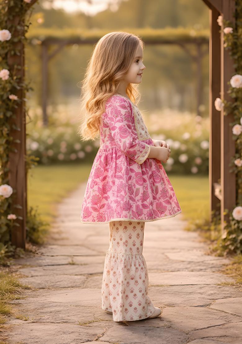 Pink Printed Cotton Kurta Set For Girls - Indya