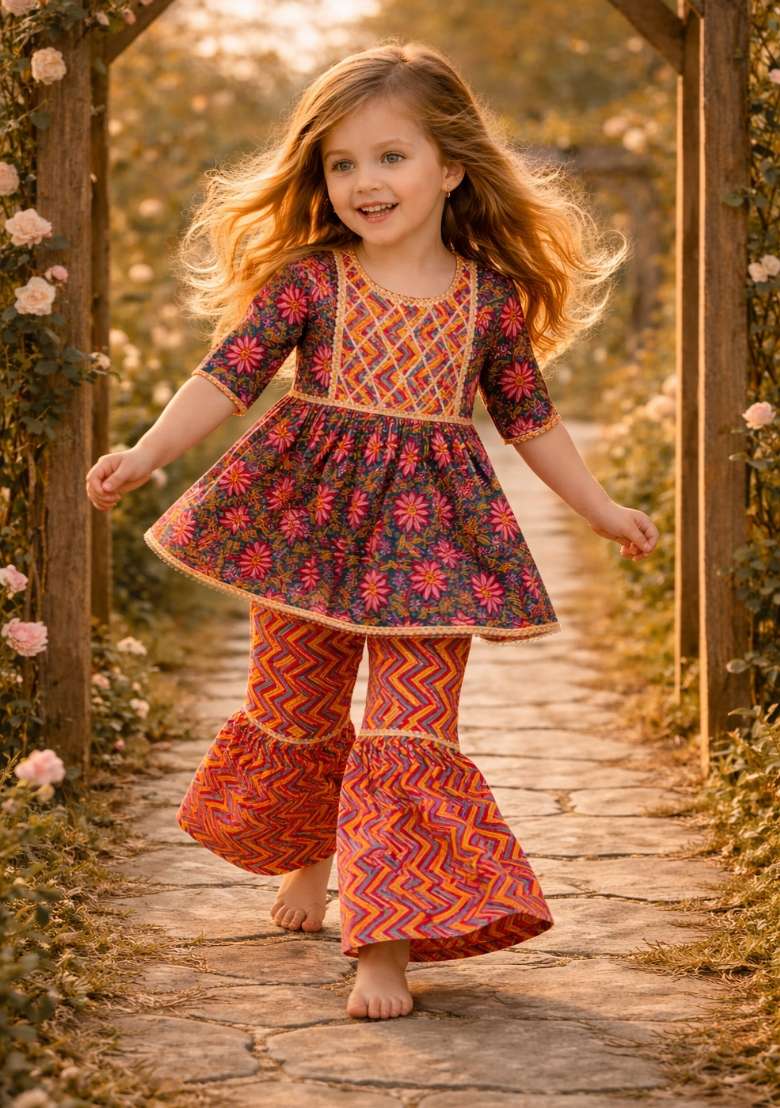 Multicolor Printed Cotton Kurta Set For Girls - Indya