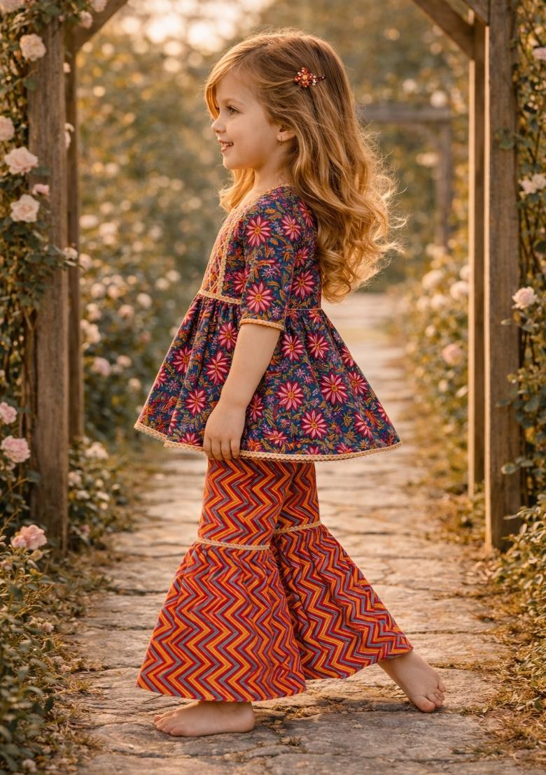 Multicolor Printed Cotton Kurta Set For Girls - Indya