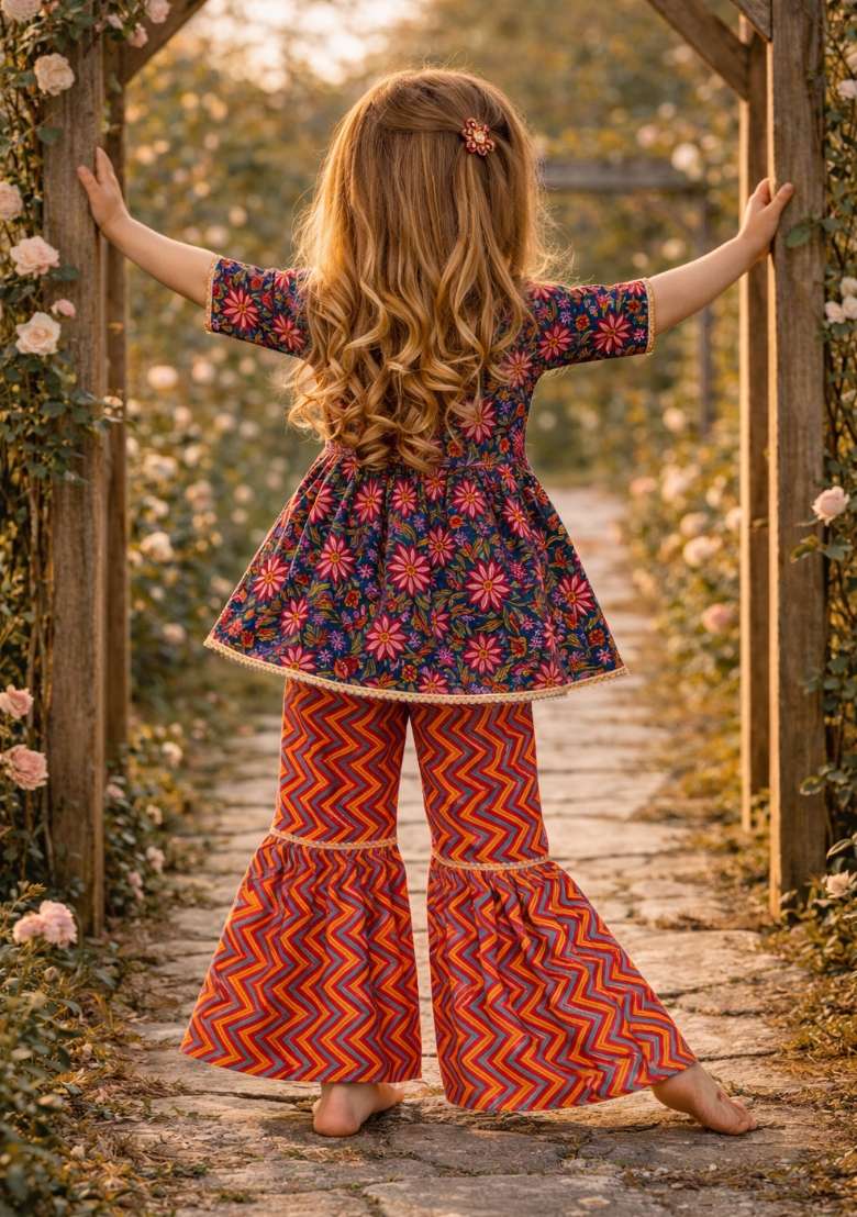 Multicolor Printed Cotton Kurta Set For Girls - Indya