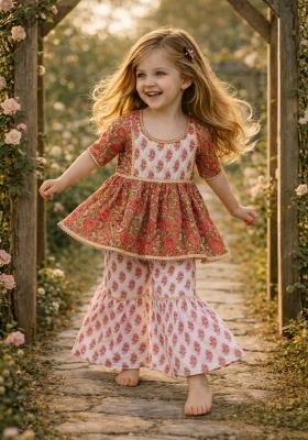 Red Printed Cotton Kurta Set For Girls