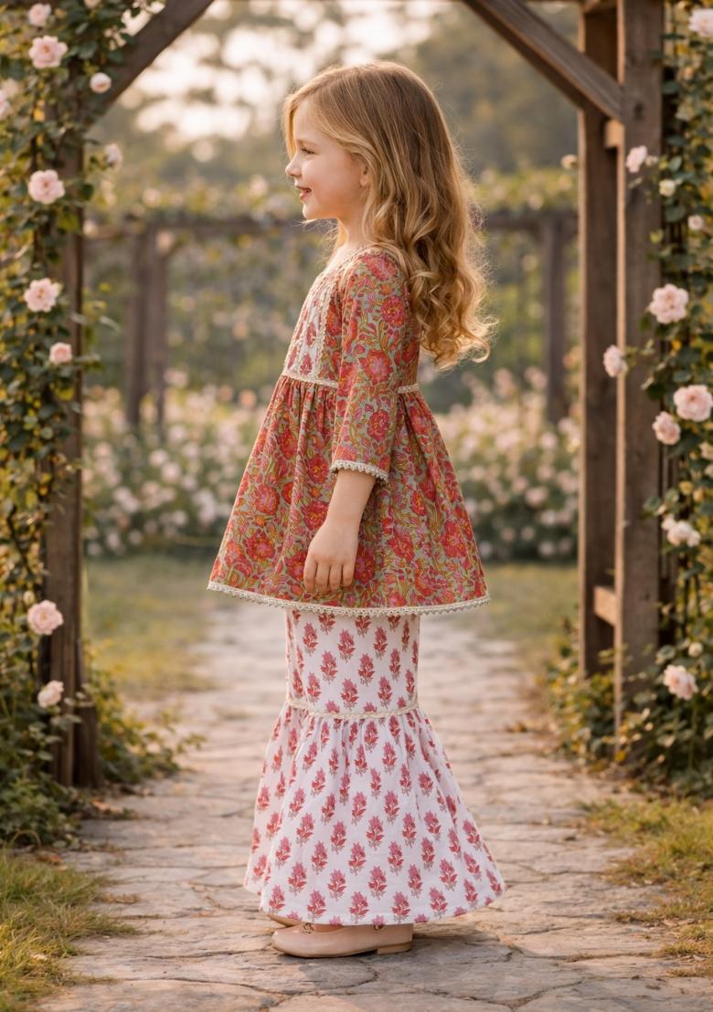 Red Printed Cotton Kurta Set For Girls - Indya