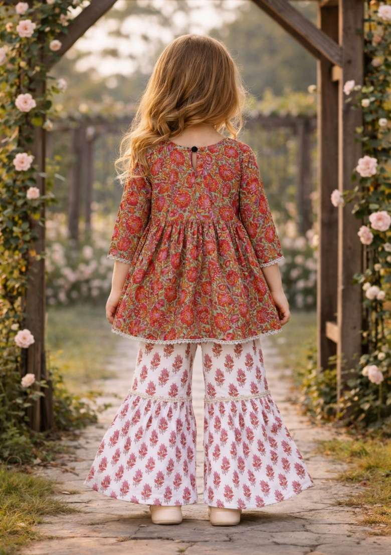 Red Printed Cotton Kurta Set For Girls - Indya