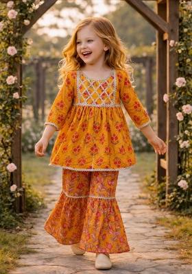 Yellow Printed Cotton Kurta Set For Girls